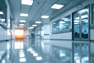 Fototapeta premium A bright, clean, and spacious hospital corridor with reflective floors and modern lighting, illuminated by natural sunlight from the far end.