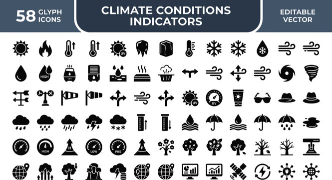 Climate Conditions Indicators Icon Set Featuring Temperature, Wind, Rain, Snow, UV, Air Pressure and Environmental Weather Symbols