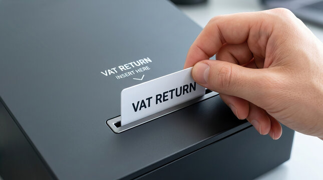 Hand inserting VAT return card into black box, close up of fingers holding white card with text, concept of tax refund or financial process