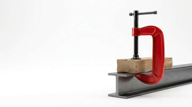 Wooden block secured by red metal clamp on steel beam, symbolizing strength and precision in construction or woodworking projects