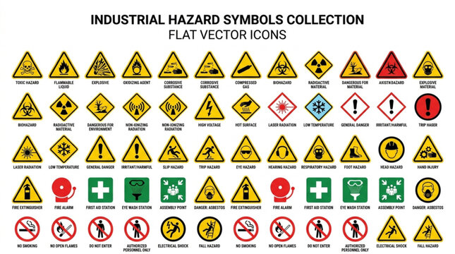 Industrial Hazard Symbols Collection Flat Vector Icons.
