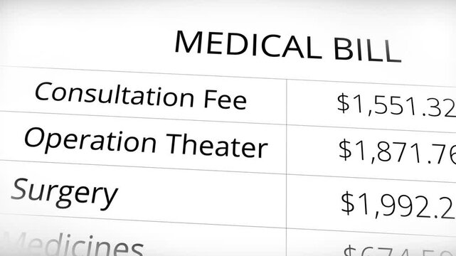 Medical Bill and expenses showing charges with numbers running close up 4k animation. Health, hospital, doctor
