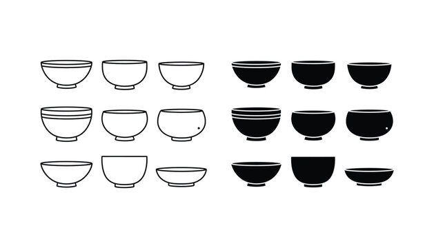 Set of minimalist bowl icons in outline and solid black style for kitchenware web design and restaurant menu graphic elements isolated on white background