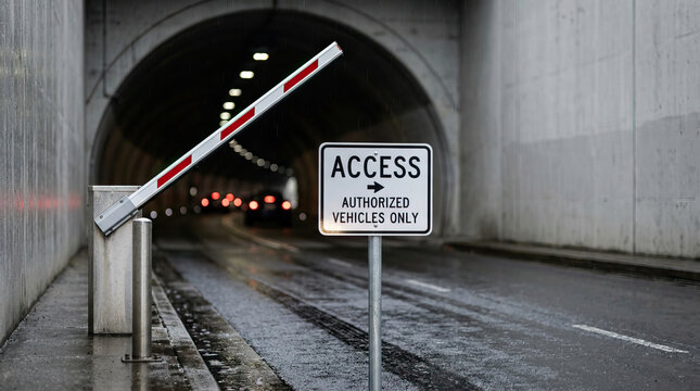 Access authorized vehicles only sign with road barrier lifting at entrance of wet tunnel on rainy day, showing controlled access point for vehicles