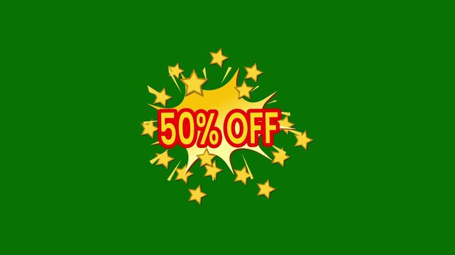 50% Discunt Comic pop art vintage cartoon text animation with colorful explosion speech bubble, bold action style letters with star burst effects and green background in 4K
