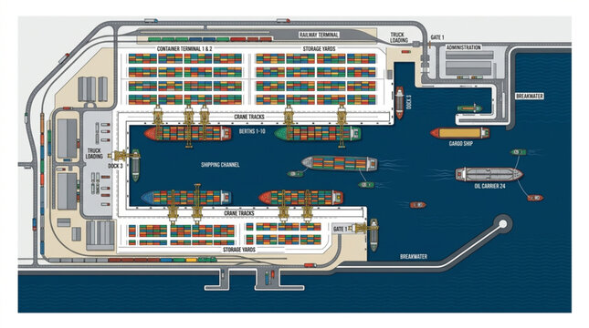 Aerial View of a Busy Container Ship Port and Shipping Yard.