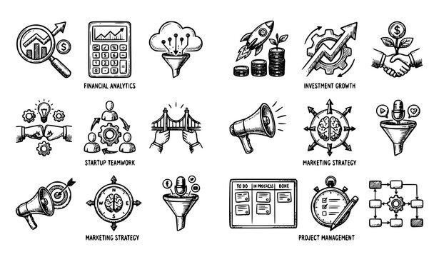 Business analytics black and white vector illustration investment startup icon set