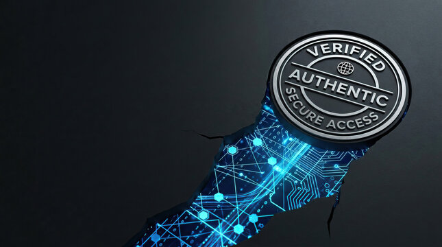 Verified authentic secure access stamp mark revealing network with digital connection and technology concept for cybersecurity and data protection