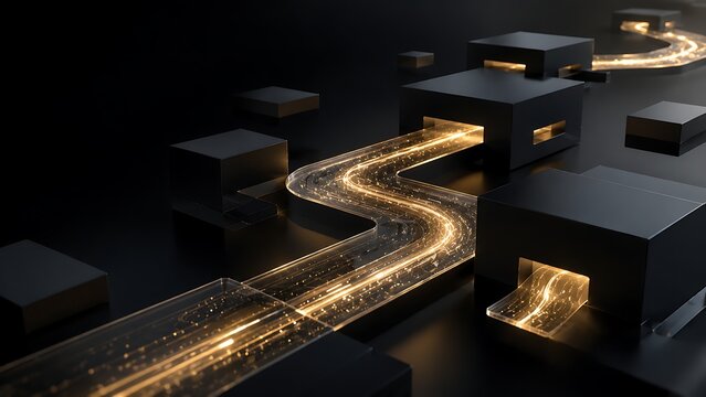 Abstract glowing light stream flowing through dark geometric structures