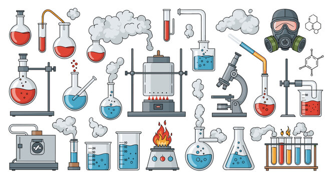 Comprehensive collection of laboratory glassware, burners, microscopes, and chemical tools are arranged in a flat-style icon set.