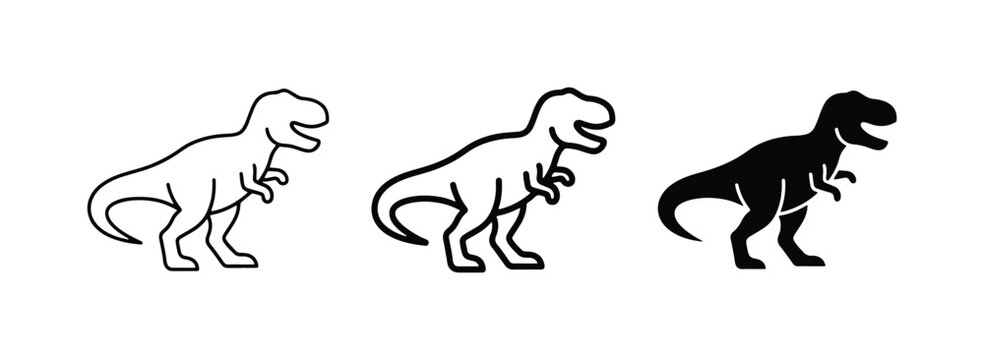 Tyrannosaurus Rex Dinosaur Icons, Silhouette and Outline Styles, Prehistoric Creature Vector Graphics for Educational and Thematic Designs