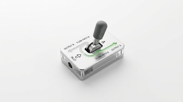 control lever switching flow device with metal base and black handle on white background, showing directional arrows and flow path labels for fluid control
