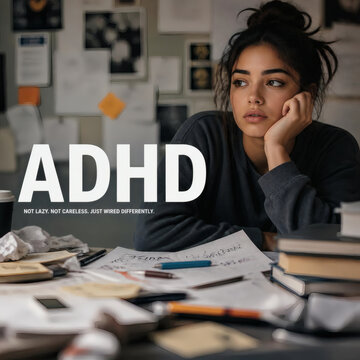 adhd concept distracted professional with scattered papers pens books shallow depth of field warm cool tones creative chaos focus disorganization golden skin undertone off center composition dynamic m