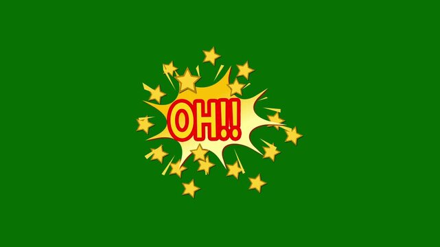 Cartoon comic text explosion with pop art style, colorful speech bubble, bold letters, star particles and smooth looping animation on green background in ultra HD 4K