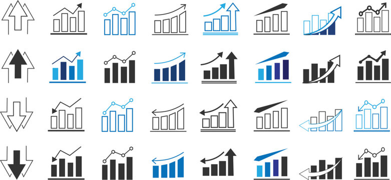 growth and decrease icon set. growth up and down. Stock increase and decrease icon set isolated on transparent background. upward or downward trend bar chart icon
