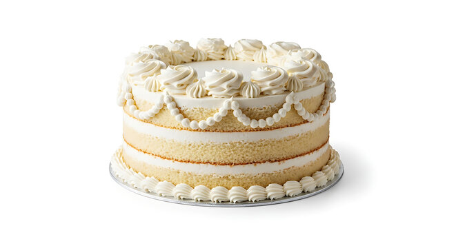 A beautifully decorated cake with white frosting on a silver platter