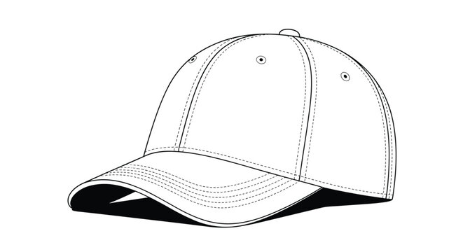 Detailed black and white line drawing of a classic six-panel baseball cap is shown from a side profile view on a white background.