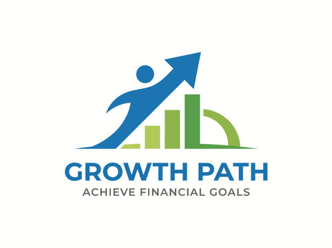 A progressive logo design illustrating a growth path with figures and graphs, symbolizing the achievement of financial goals and success in wealth management.