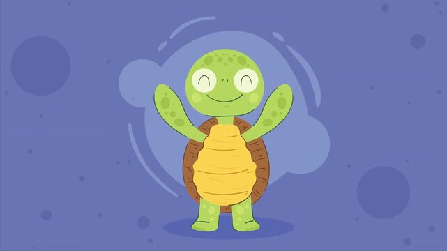 Cute cartoon turtle standing and waving hands with happy expression on blue background motion graphics.