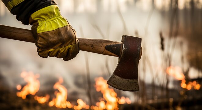 A firefighter's gloved hand holding a Pulaski tool, with a controlled burn in the soft-focus background.
