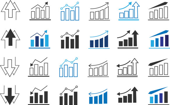 growth and decrease icon set. growth up and down. Stock increase and decrease icon set isolated on transparent background. upward or downward trend bar chart icon
