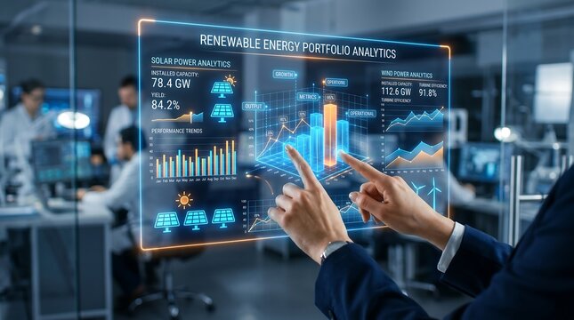 Business analyst reviewing renewable energy portfolio analytics on holographic glass display.