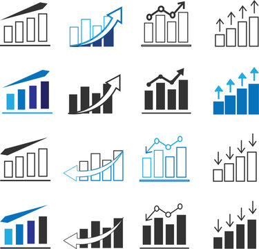 growth and decrease icon set. growth up and down. Stock increase and decrease icon set isolated on transparent background. upward or downward trend bar chart icon
