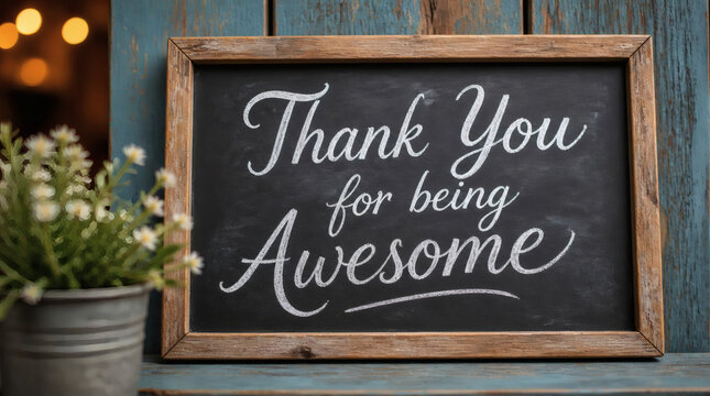 rustic chalkboard thank you for being awesome message blue wood background cursive white chalk lettering smudged text warm tone gratitude appreciation positive affirmation shallow depth of field emoti