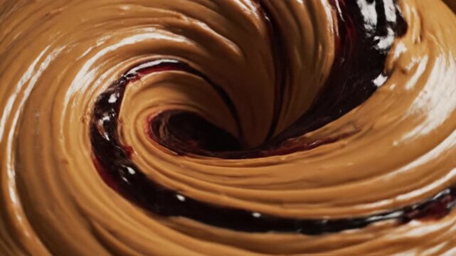 Creamy nut butter and rich dark fruit spread create mesmerizing swirl. captivating edible vortex with golden brown and deep purple. Delicious, vibrant texture, satisfying sweet savory treat