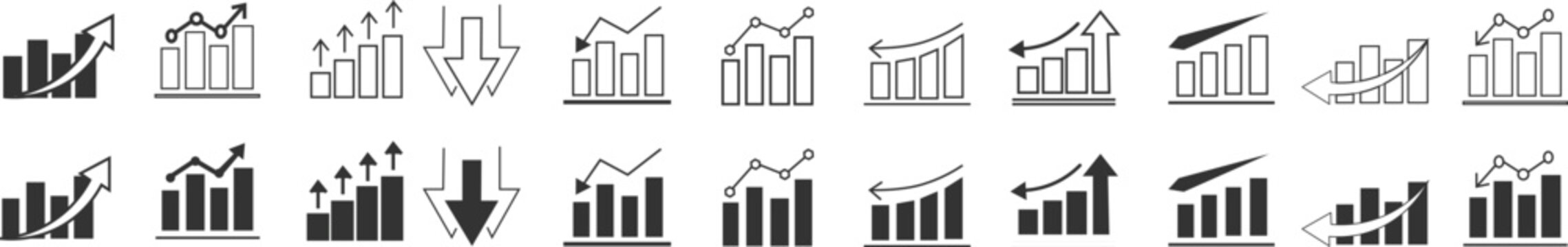 Growth icon set. Up and down graph chart vector icon set. Business growth and fall graph symbols. Increase and decrease icon set showing business growth and decline graph symbols
