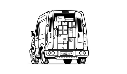 Delivery cargo van back view with boxes line icon black and white vector illustration © MdShojib