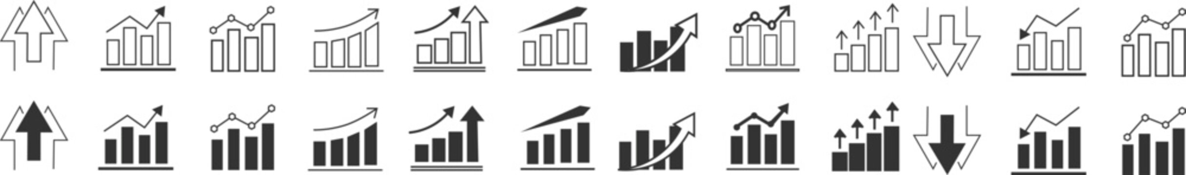 Growth icon set. Up and down graph chart vector icon set. Business growth and fall graph symbols. Increase and decrease icon set showing business growth and decline graph symbols
