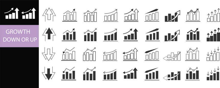 Growth icon set. Up and down graph chart vector icon set. Business growth and fall graph symbols. Increase and decrease icon set showing business growth and decline graph symbols
