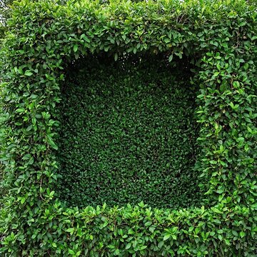 Green leafy hedge with a square shaped hole in the center outdoors