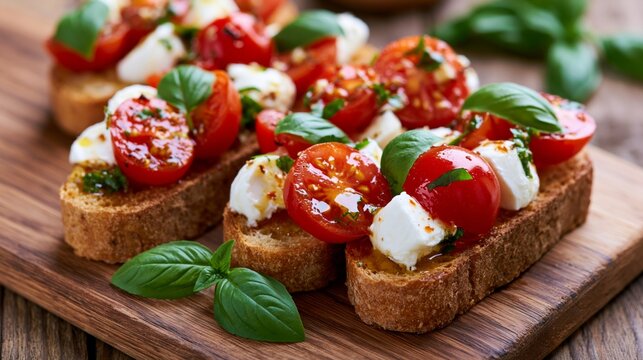 Fresh tomatoes and mozzarella adorn crisp bread