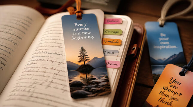 close up notebook with vibrant bookmarks promoting positivity and inspirational quotes featuring a serene landscape photograph shallow depth of field warm inviting palette leather cover motivational s