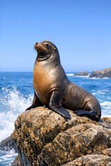 Fototapeta premium A sea lion sitting on a rock near the ocean waves.