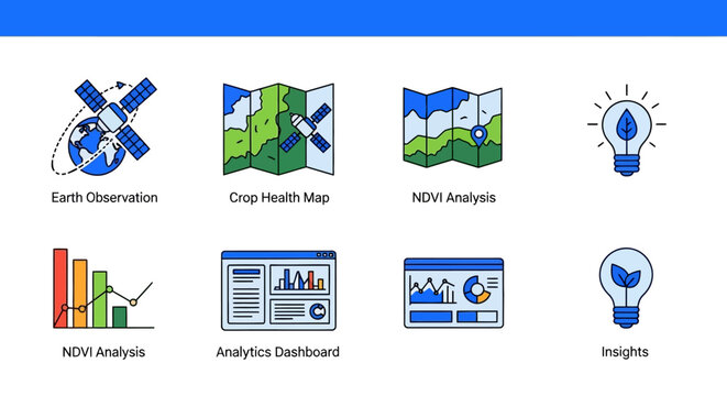 Agriculture Technology Icons: Satellite, Maps, Charts, and Lightbulb Ideas