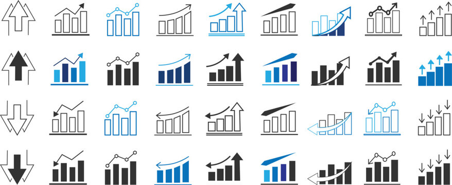 financial graph up and down movement business. Growth icon set. growth increase and decrease sign. upward or downward trend bar chart icon. Business growth and fall graph symbols
