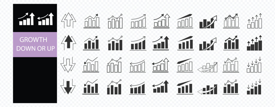 financial graph up and down movement business. Growth icon set. growth increase and decrease sign. upward or downward trend bar chart icon. Business growth and fall graph symbols
