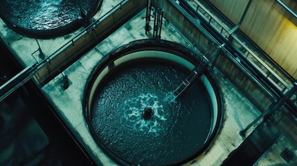 Naklejka premium Industrial water treatment plant capturing an aerial view of large circular tanks processing and purifying water through filtration and sanitation for environmental sustainability and public utility