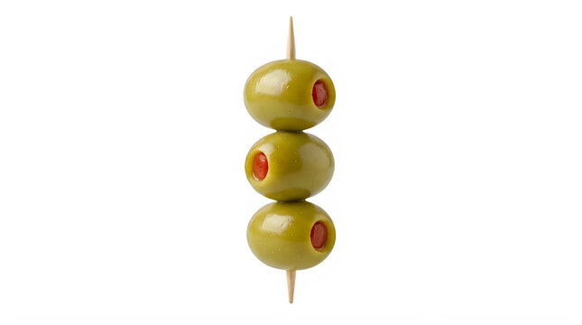Three green olives with pimentos on a toothpick for snack or appetizer transparent background