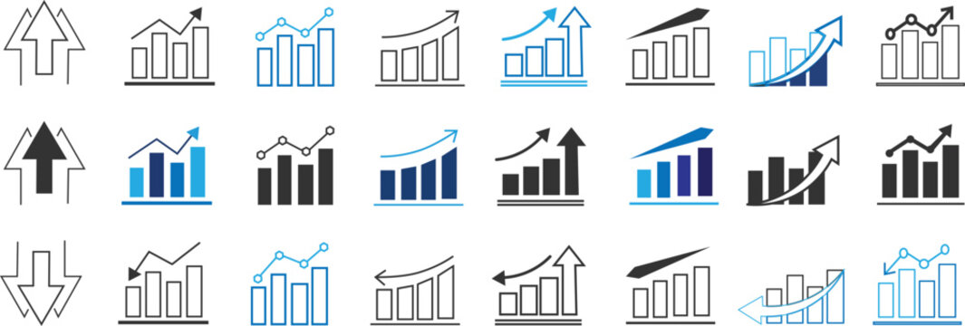 financial graph up and down movement business. Growth icon set. growth increase and decrease sign. upward or downward trend bar chart icon. Business growth and fall graph symbols
