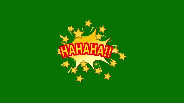 Comic style hahaha text animation with pop art explosion, colorful speech bubble, bold action typography with star bursts and dynamic cartoon motion on green background in 4K