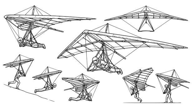 Detailed hang glider structure sketch set technical outline extreme air sport vector illustration