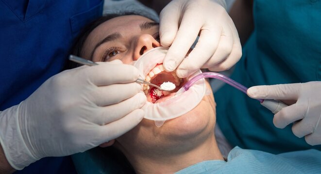 Professional Dental Bone Grafting Procedure in Clinic with Dentist and Assistant