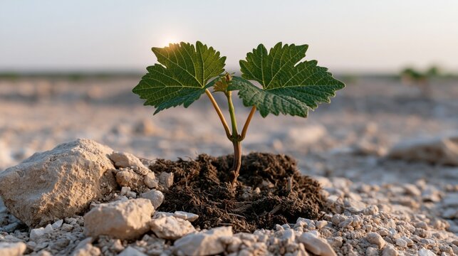 Tiny green shoot breaks through cracked earth