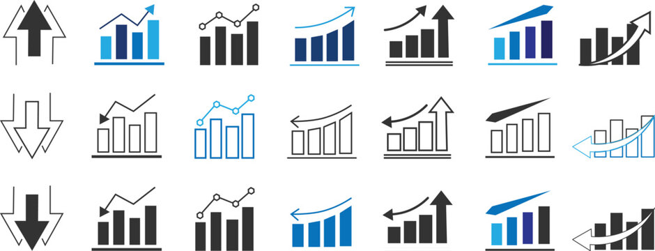 financial graph up and down movement business. Growth icon set. growth increase and decrease sign. upward or downward trend bar chart icon. Business growth and fall graph symbols
