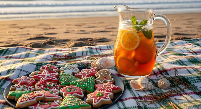 A picnic on the beach with a platter of "Christmas cookies" and a pitcher of iced tea.