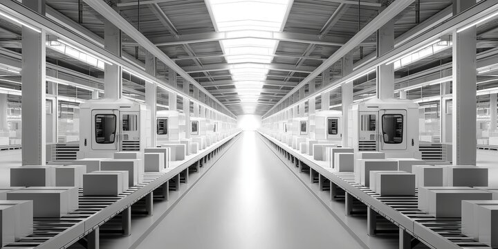 Modern bright fully automated manufacturing factory interior with parallel conveyor belts carrying product boxes and automatic processing machines along long clean production hall